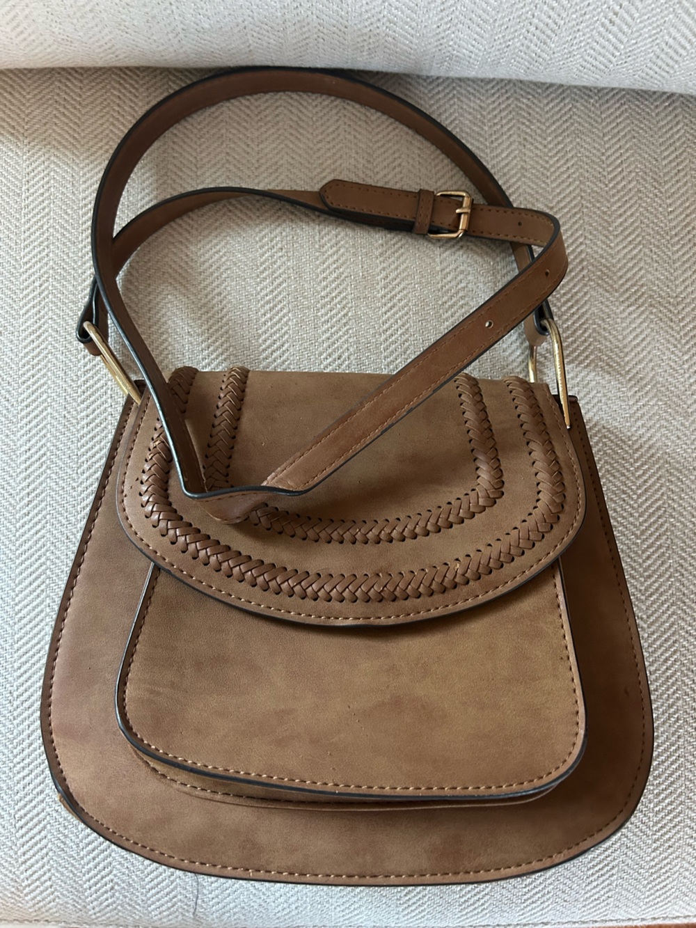 Classic Tan Braided Flap Crossbody Bag